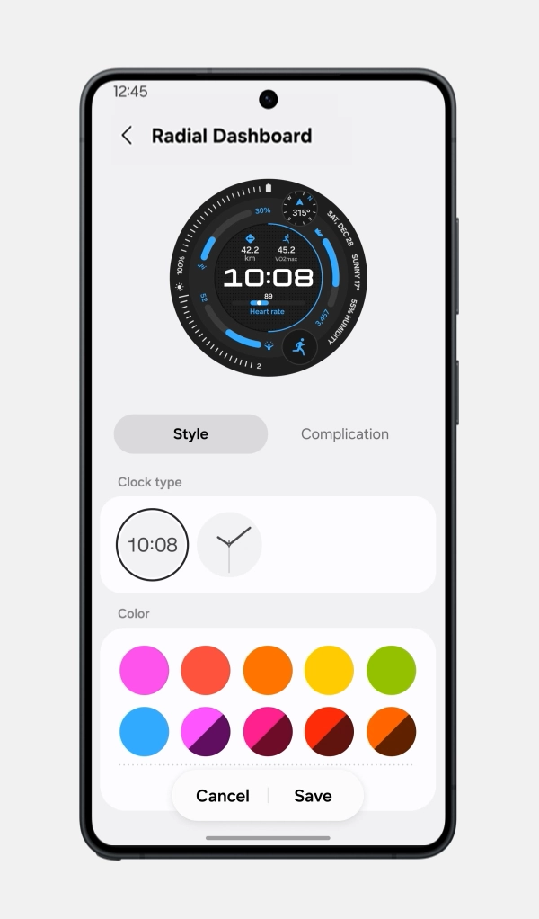 A smartphone configures information areas on the Radial Dashboard watch face. It selects items to display, including battery, compass, date, running distance, heart rate, altitude, steps, and running.